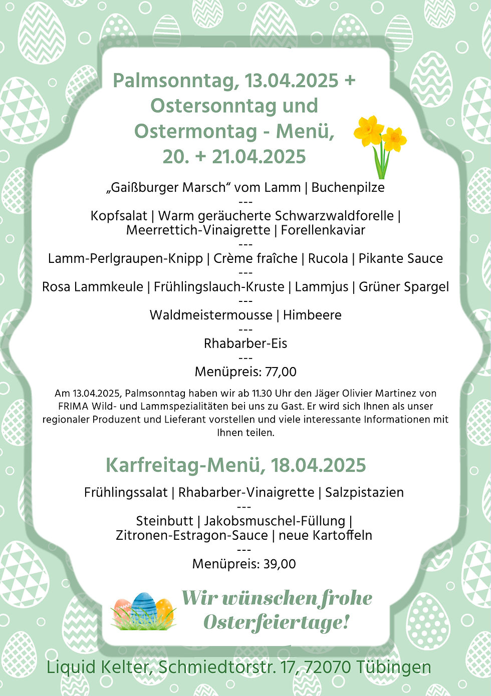 Menü an Palmsonntag, Karfreitag, Ostersonntag und Ostermontag 🌷