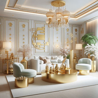 an interior using feng shui with gold white and pale green and some pale pink colors.png