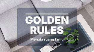 Ruang tamu modern abu-abu dengan sofa, meja kaca, buku, tanaman pot, GOLDEN RULES Menata ruang tamu.