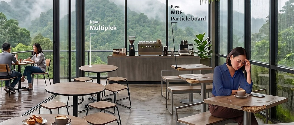 Kafe modern berlatar pegunungan berkabut; wanita lelah di meja cafe, dua orang ngobrol, teks Kuyu Multiplek dan MDF Particle board.