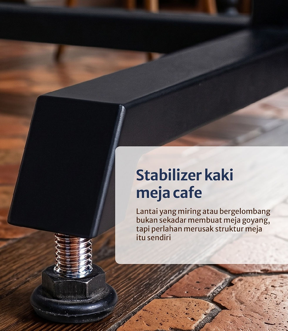 Kaki meja cafe hitam dengan baut penstabil di lantai kayu; teks: Stabilizer kaki meja cafe, suasana produk informatif.