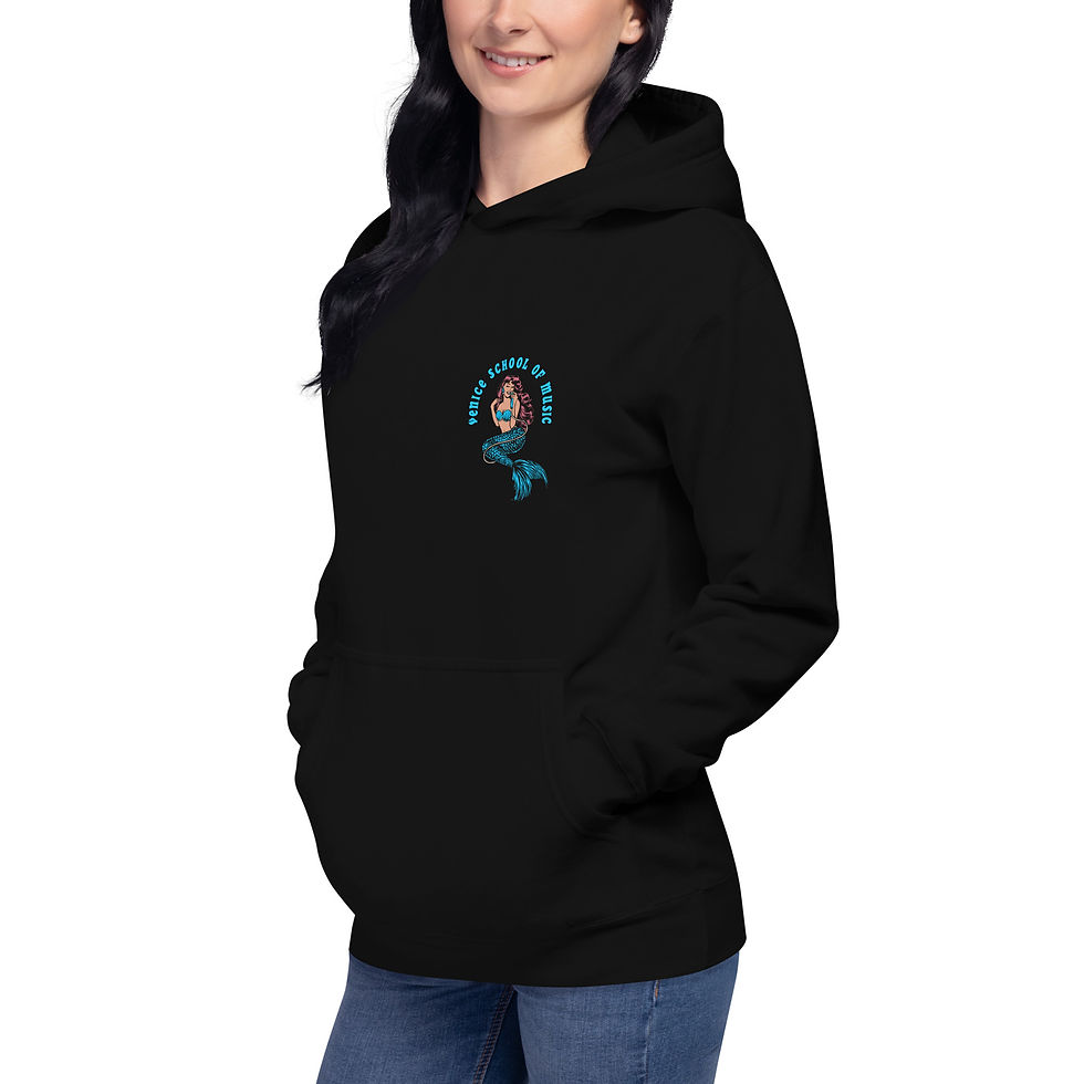 Thumbnail: Angel view of Female Model in black hoodie with Venice School of Music  teal mermaid logo
