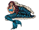 Venice School of Music Logo of mermaid with blue fin and red hair holding a microphone and singing
