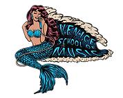 Venice School of Music Logo of mermaid with blue fin and red hair holding a microphone and singing