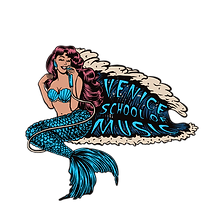 Venice School of Music Logo of mermaid with blue fin and red hair holding a microphone and singing
