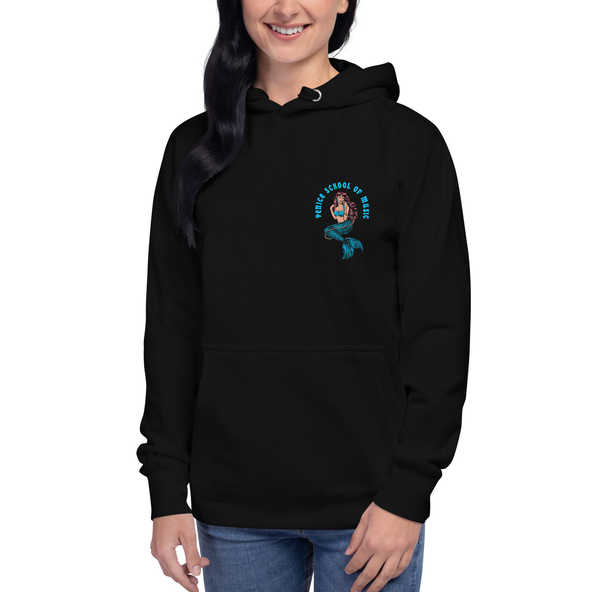 Female model in black hoodie front-facing with teal and red Venice School of Music Logo