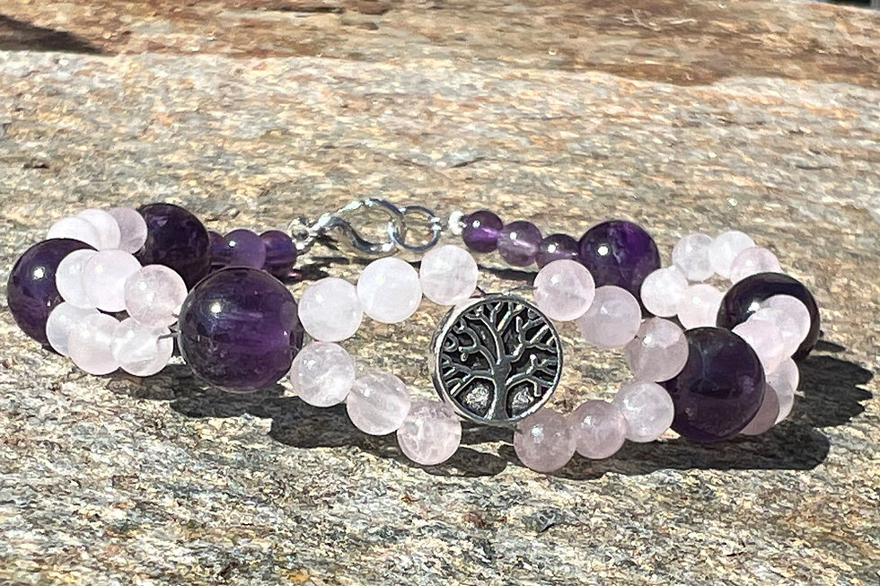 Bracelet Harmonie d’Âme en Quartz rose et Améthyste avec breloque Arbre de Vie argentée, création artisanale.Terraluna