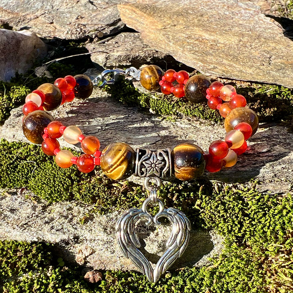Miniature : Bracelet Flamme de vie en Cornaline & Œil de tigre avec cœur ailé argenté – création Terraluna