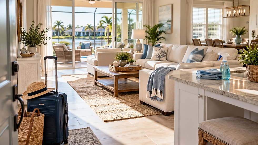 Snowbird home cleaning North Port FL scene showing a sunlit seasonal home with luggage and cleaning supplies.
