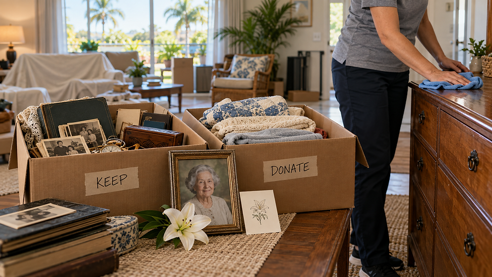 Estate cleanout after a death with keepsake and donation boxes, family photographs, and a cleaner wiping furniture.