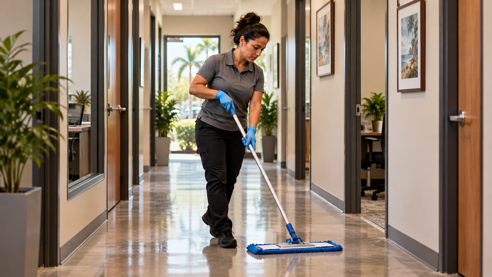 Professional commercial cleaning service mopping the floor of a business office hallway.
