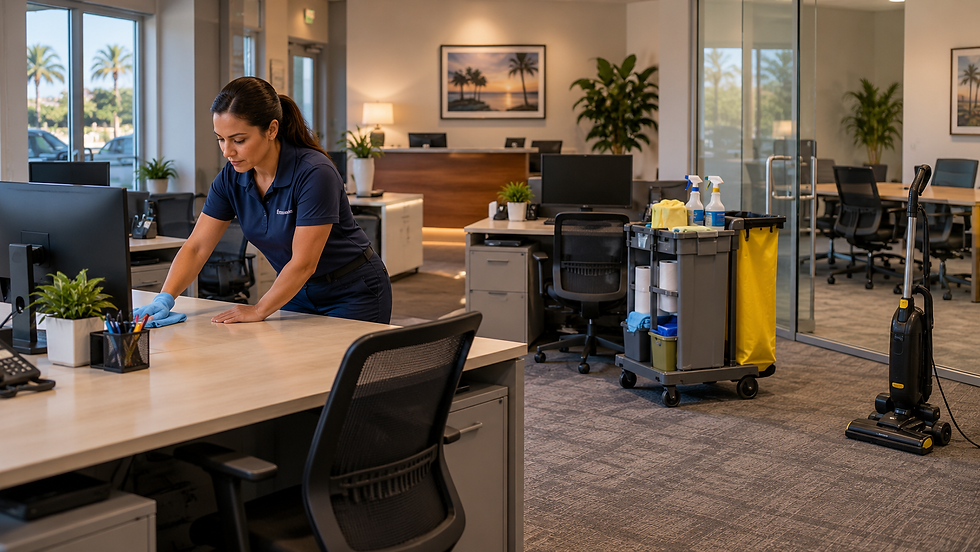 Professional office cleaning service wiping a shared desk in a small business office.