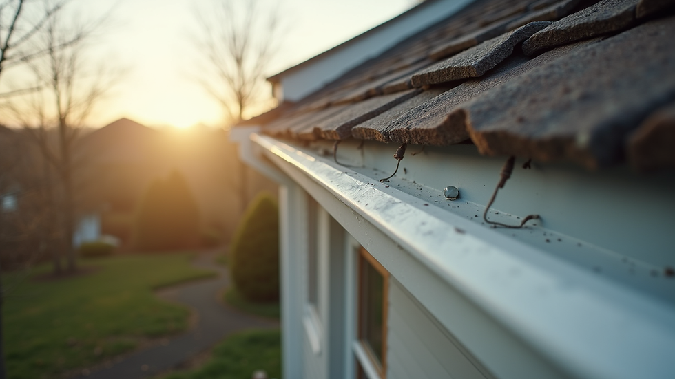 Eye-level view of a ladder leaning against a house with gutter guards installed