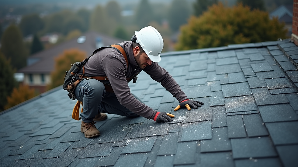 High angle view of a roofing contractor inspecting a residential roof after hailstorm