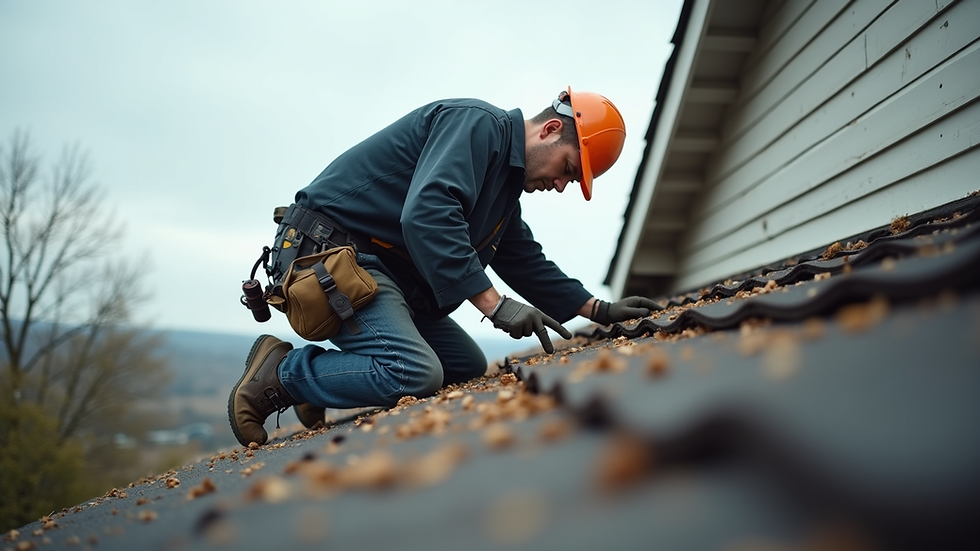 Eye-level view of a professional roofer inspecting a residential roof