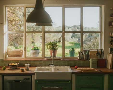 a kitchen with green cabinets and a white sink