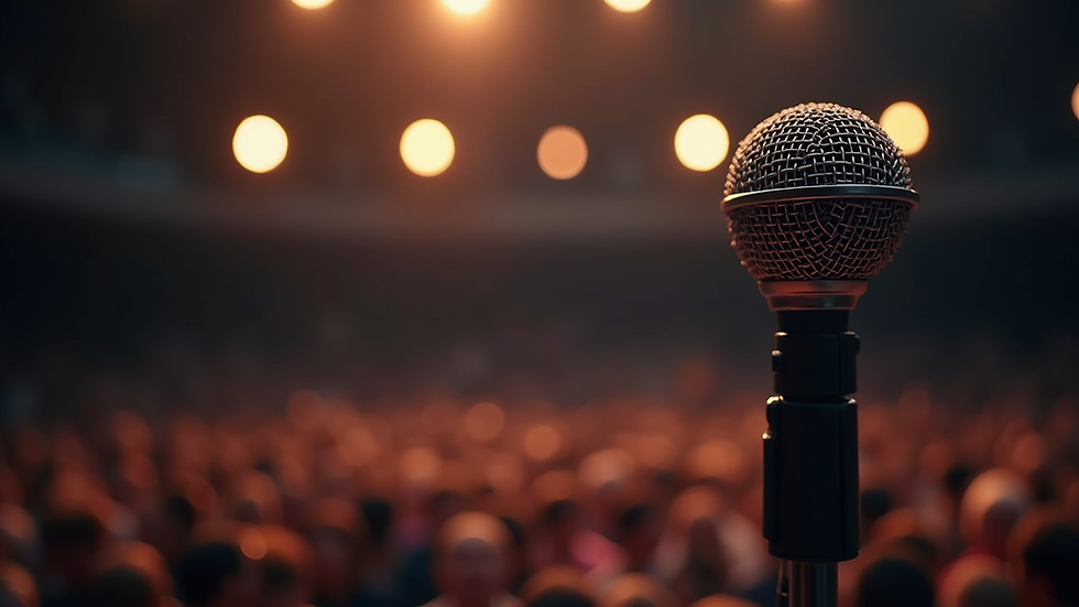 Close-up view of a microphone on stage with blurred audience in background