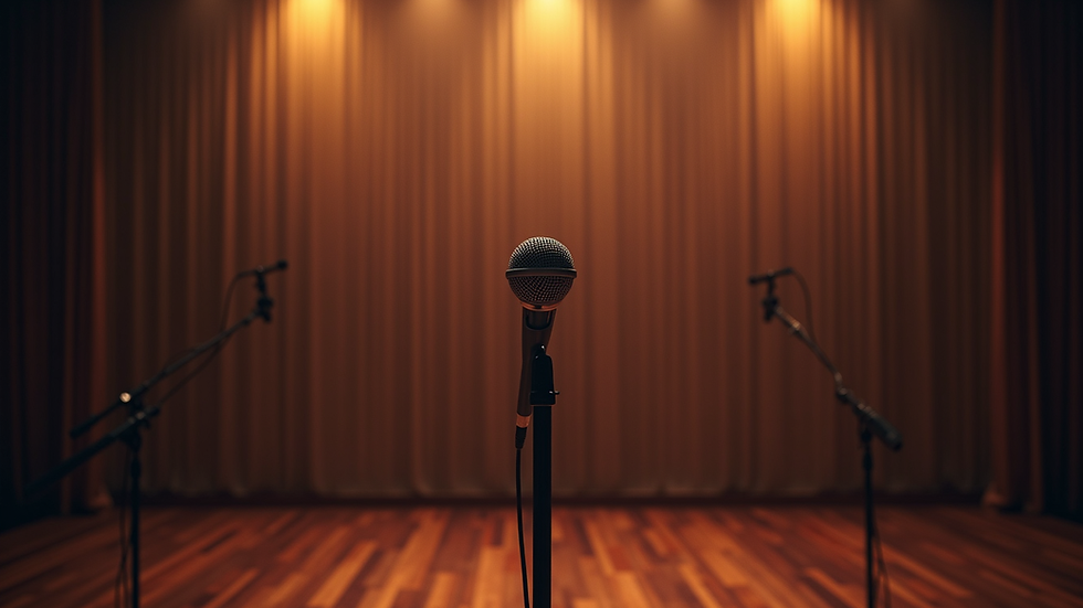 Eye-level view of a microphone on a stage ready for a poetry slam