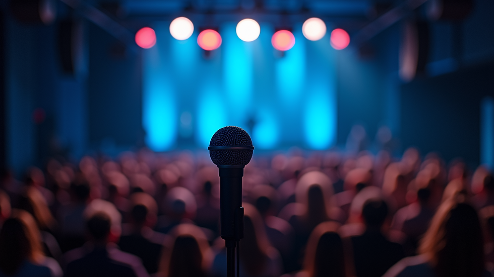 Close-up view of a microphone on stage with blurred audience lights