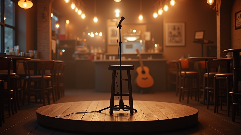 Eye-level view of a cozy coffee shop stage with microphone and stool