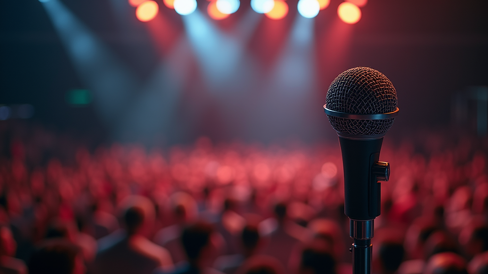 Close-up view of a microphone on a stand with a blurred audience in the background
