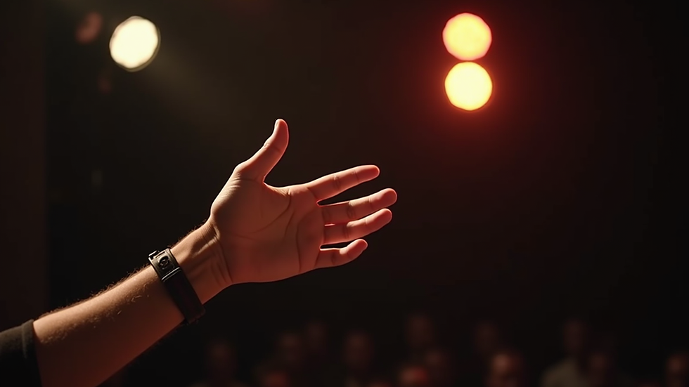 Close-up view of a performer’s hand gesturing expressively during a spoken word show