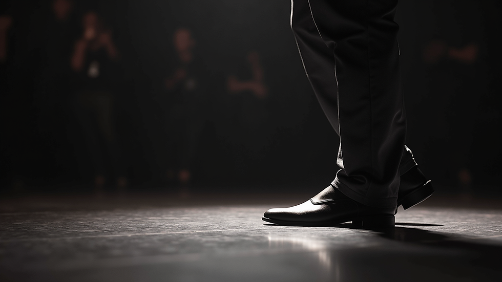 Close-up view of a poet’s feet stepping confidently on stage