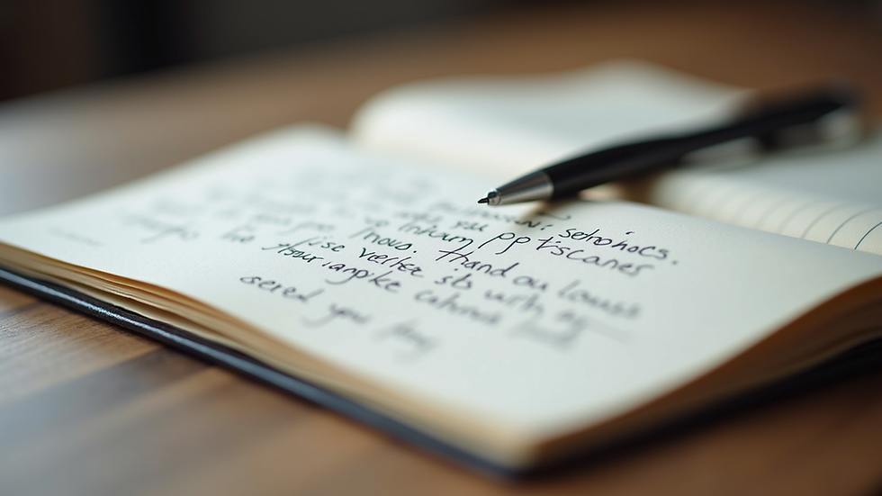 Close-up view of a notebook with handwritten poetry and a pen