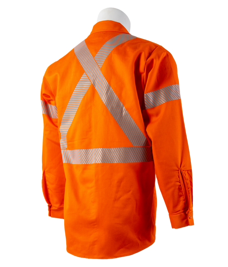 Back view of orange shirt with silver striping