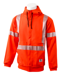 Front view of orange hooded sweatshirt with silver striping