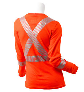 Back view of orange t-shirt with silver striping