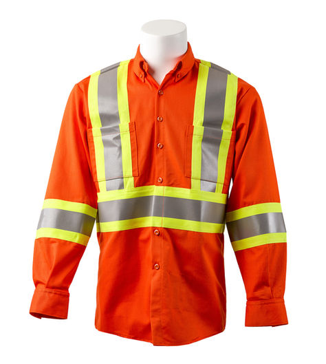 Front view of orange shirt with yellow and silver striping