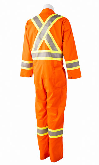 Back view of orange coveralls with yellow and silver reflective tape