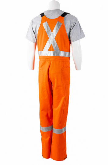 Back view of orange bib overalls with silver striping