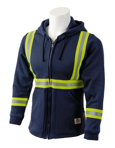 Front view of navy sweatshirt with yellow and silver reflective tape