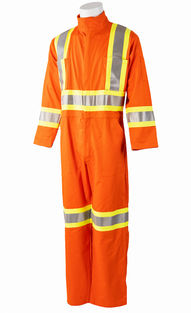 Front view of orange coveralls with yellow and silver reflective tape