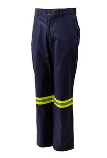 Front view of navy pants with yellow and silver reflective tape