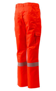 Back view of orange pants with silver striping