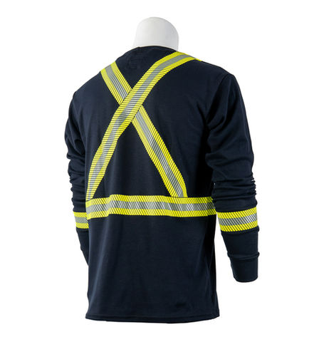 Back view of navy t-shirt with yellow and silver reflective tape