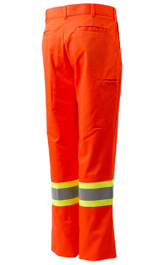 Back view of orange pants with yellow and silver striping