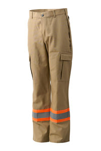 Front view of khaki pants with orange and silver reflective tape