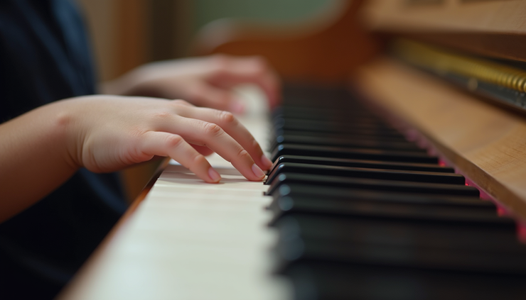Close-up of a beginner child pianist practising scales on a keyboard