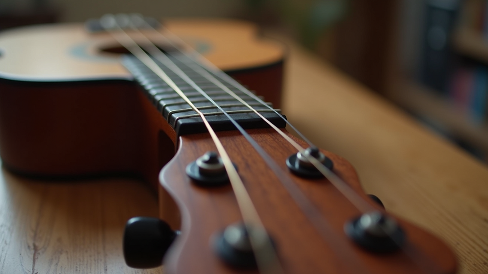 Eye-level view of ukulele body and strings on a wooden table