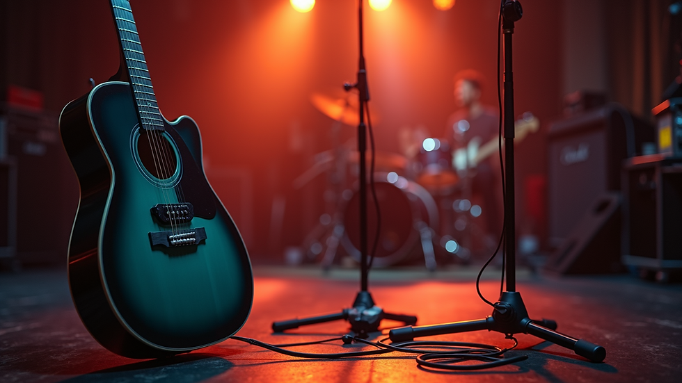 Eye-level view of a guitar and microphone setup on a small stage
