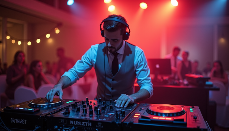 High angle view of a wedding DJ setting up equipment in a modern venue