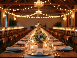A barn wedding reception with warm lighting and elegant table settings