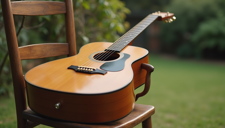 Eye-level view of acoustic guitar resting on a wooden chair in a garden setting