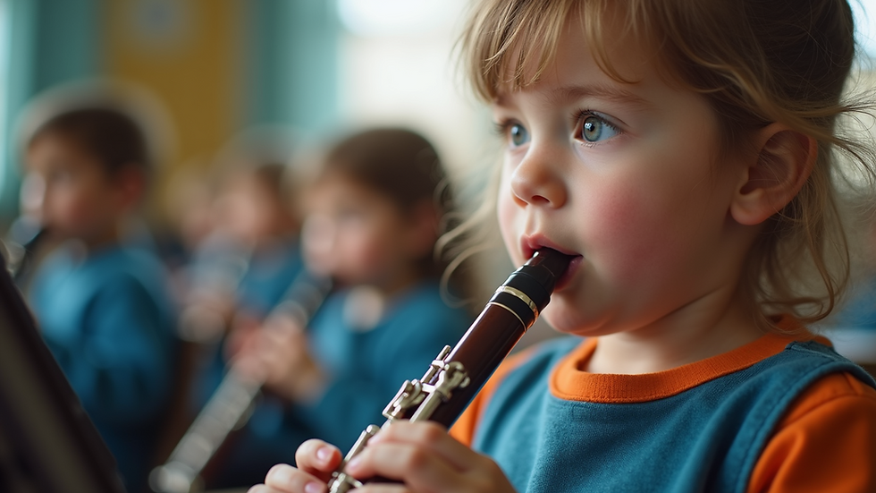 Close-up of a child playing a recorder in a music class