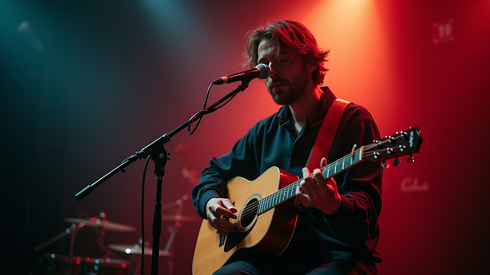 Eye-level view of a solo musician playing acoustic guitar on a small stage