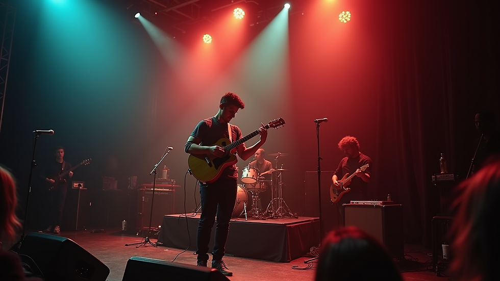 Eye-level view of a solo guitarist performing on a small stage